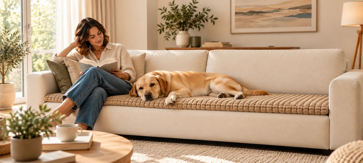 Mujer leyendo en el sofá con su perro tumbado sobre el cubre-asiento HappyPet Cover