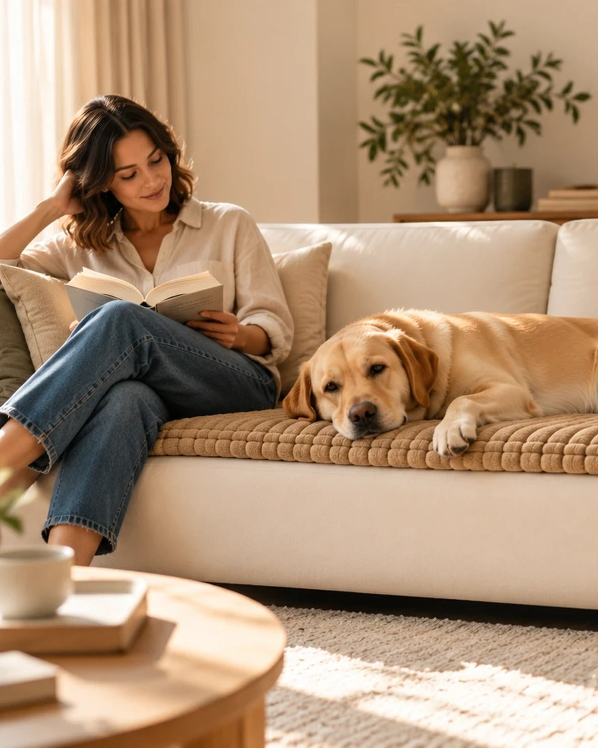 Mujer leyendo en el sofá con su perro tumbado sobre el cubre-asiento HappyPet Cover